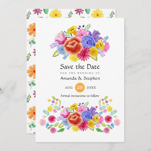 Colorful Floral Mexican Fiesta Wedding Save The Date (Voorkant / Achterkant)