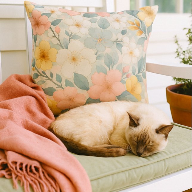 Colorful Floral on Light Gray  Buitenkussen (Cozy moments on the porch with floral throw pillow and your cat )