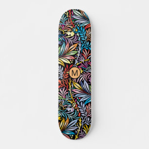 Colorful Floral Oranje Black Monogram Skateboard