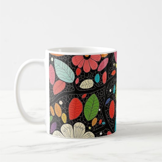 🌼 Colorful Floral Pattern on Black - Bold & Vibra Koffiemok (Links)
