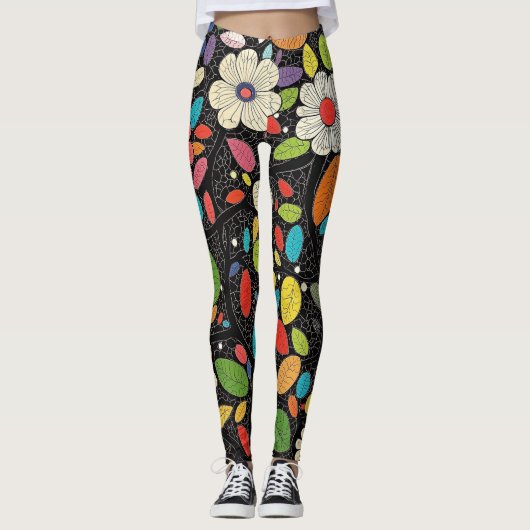 🌼 Colorful Floral Pattern on Black - Bold & Vibra Leggings (Voorkant)