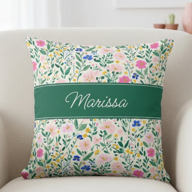Colorful Floral Personalized Throw Pillow Kussen (fun colorful floral garden throw pillow with monogram name in elegant calligraphy script)