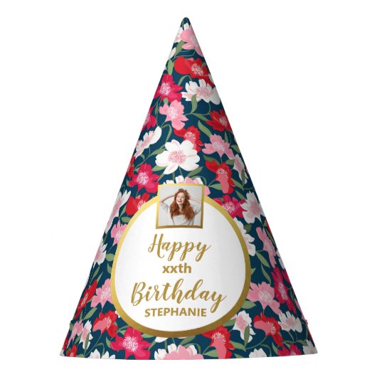 Colorful Floral Print Custom Photo Happy Birthday Feesthoedjes (Voorkant)