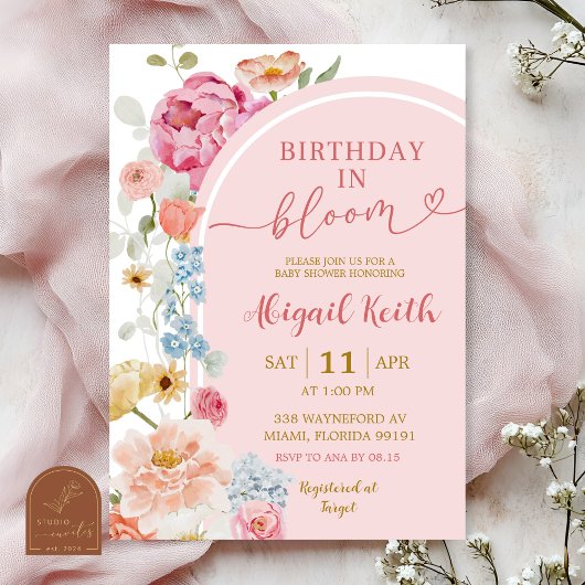 Colorful Floral Spring Baby in Bloom Invitation Kaart