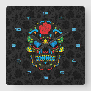 Colorful Floral Sugar Skull Red Rose Blue Diamonds Vierkante Klok