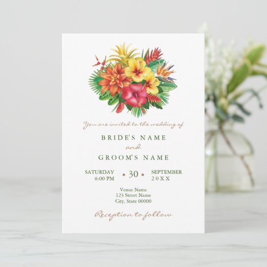 Colorful floral tropical bruiloft-uitnodiging kaart (Staand voorkant)