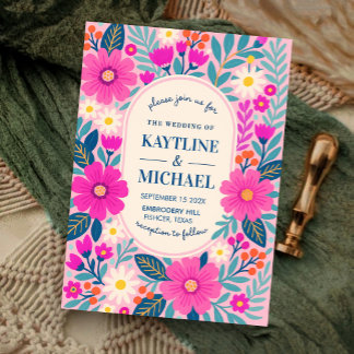Colorful Floral Wedding Invitation Pink Botanical Kaart