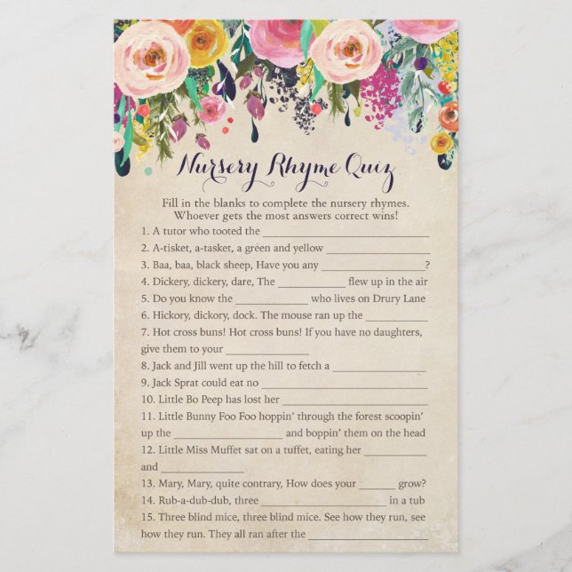 Colorful Flower Baby shower Nursery Rhyme Quiz (Voorkant)