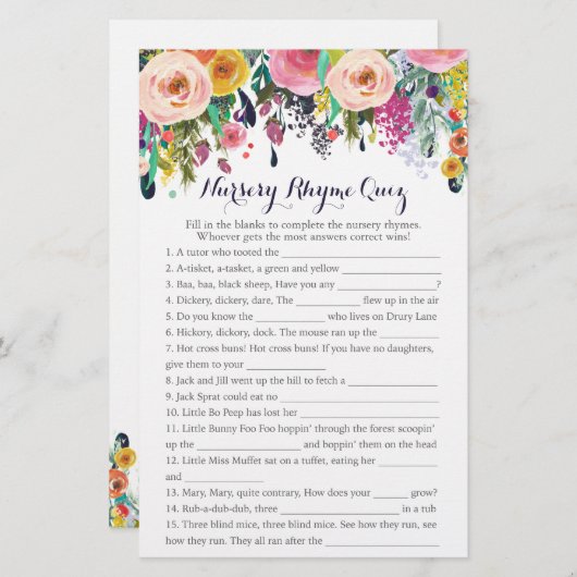 Colorful Flower Baby shower Nursery Rhyme Quiz (Voorkant / Achterkant)