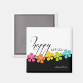 Colorful Flower Black & White Birthday Calligraphy Magneet (Voorkant / Achterkant)