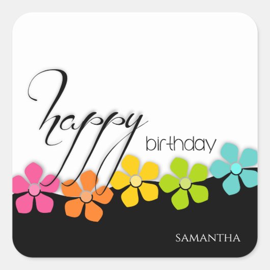 Colorful Flower Black & White Birthday Calligraphy Vierkante Sticker (Voorkant)
