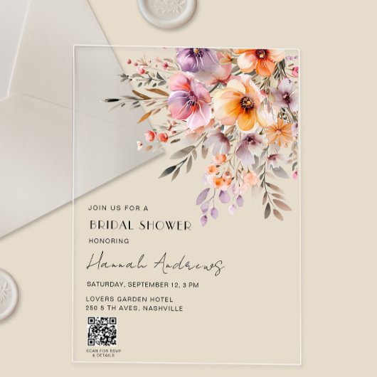 Colorful Flower Bouquet QR Code Bridal Shower Acryl Uitnodigingen