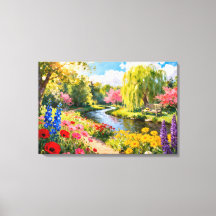 Colorful Flower Garden River Spring Landscape Art