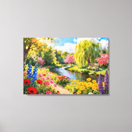 Colorful Flower Garden River Spring Landscape Art Canvas Afdruk