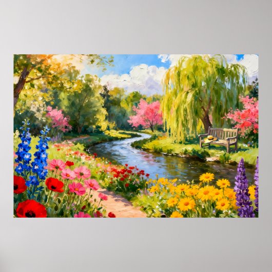 Colorful Flower Garden River Spring Landscape Art Poster (Voorkant)