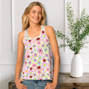 Colorful Flower Pattern Hand-Drawn Summer Floral Tanktop