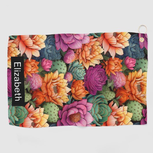Colorful Flowering Cactus Personalized Golfhanddoek (Horizontaal)