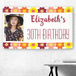 Colorful Flowers 30th Photo Birthday Party Spandoek<br><div class="desc">Verras het verjaardagsmeisje met deze Colorful Flowers 30th Photo Birthday Party Banner. Personaliseer met haar foto,  naam,  en leeftijd. Deze feestelijke florale banner heeft een rood vrouwelijk lettertype en schattige bloemen in valkleuren.</div>