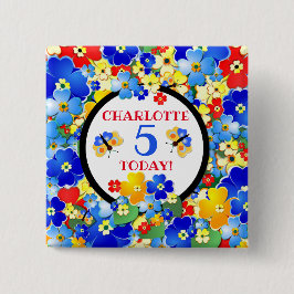 Colorful Flowers and Butterflies Birthday Age Vierkante Button 5,1 Cm