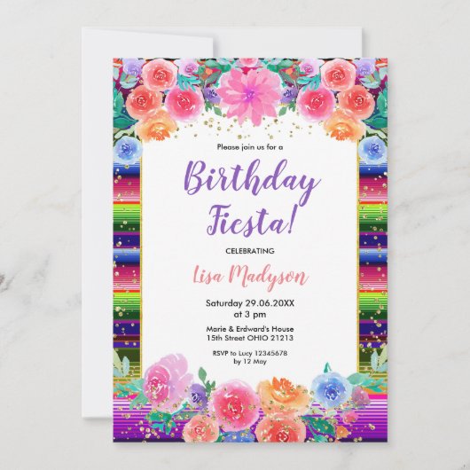 Colorful Flowers Birthday Fiesta Party Kaart (Voorkant)
