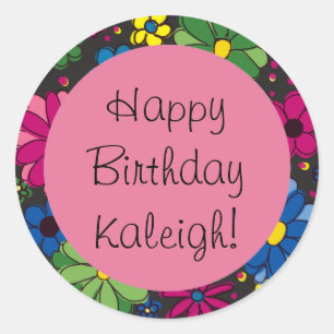 Colorful Flowers Black and Pink Birthday Sticker
