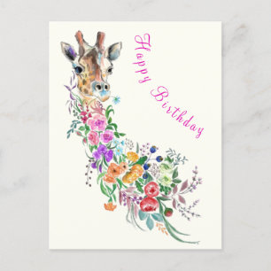 Colorful Flowers Bouquet Giraffe Birthday Kaart
