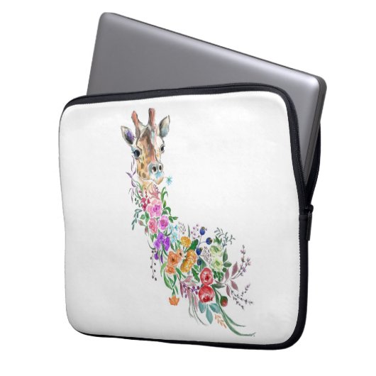 Colorful Flowers Bouquet Giraffe - Drawing Modern Laptop Sleeve (Voorkant Links)