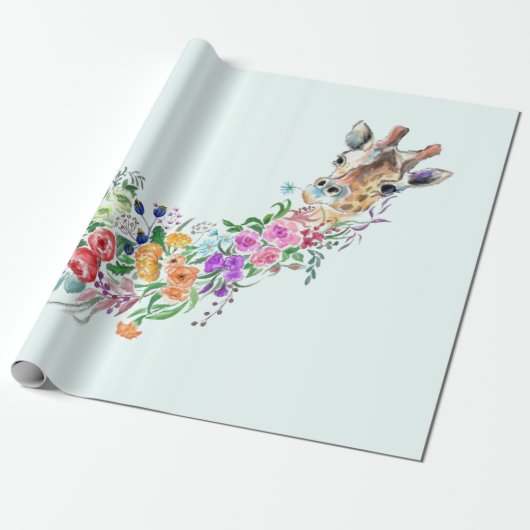 Colorful Flowers Bouquet Giraffe Wrapping Paper Cadeaupapier (Uitgerold)