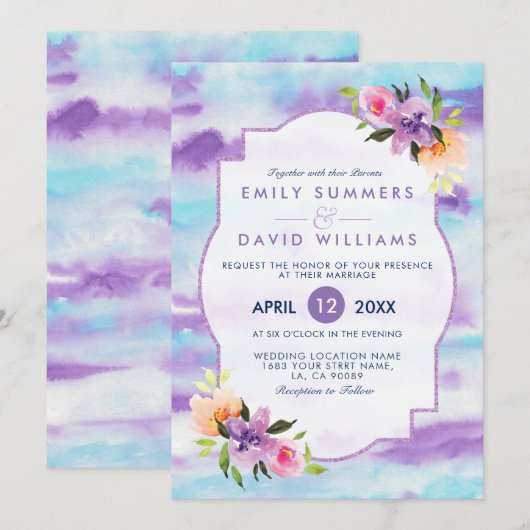 Colorful Flowers BouquetWatercolor Wedding Invite Kaart (Voorkant / Achterkant)