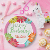 Colorful Flowers Custom Name Happy Birthday Papieren Bordje (Feest)
