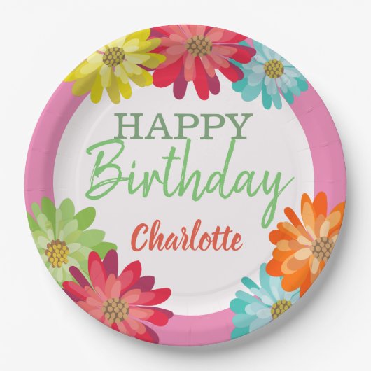 Colorful Flowers Custom Name Happy Birthday Papieren Bordje (Voorkant)