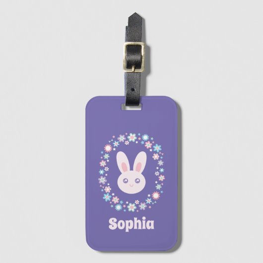Colorful Flowers Cute Bunny Rabbit Lavender Blue Bagagelabel (Voorkant (verticaal))