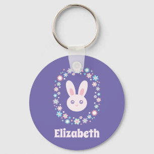 Colorful Flowers Cute Bunny Rabbit Lavender Blue Sleutelhanger