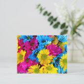Colorful Flowers, Daisies - Blue Yellow Pink Briefkaart (Staand voorkant)