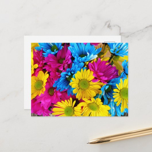 Colorful Flowers, Daisies - Blue Yellow Pink Briefkaart (Voorkant / Achterkant in situ)
