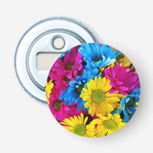 Colorful Flowers, Daisies - Blue Yellow Pink Button Flesopener