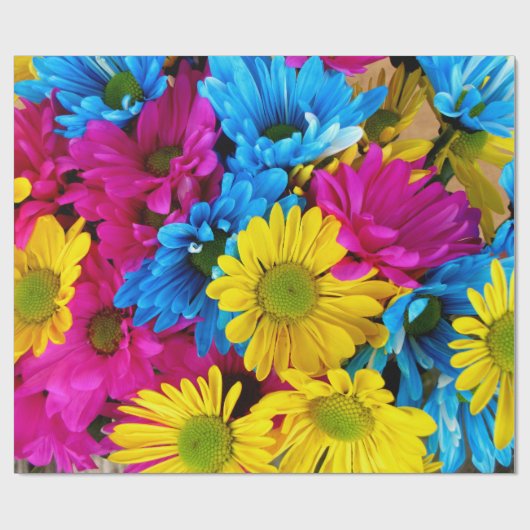 Colorful Flowers, Daisies - Blue Yellow Pink Cadeaupapier (Vlak)