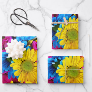 Colorful Flowers, Daisies - Blue Yellow Pink Inpakpapier Vel
