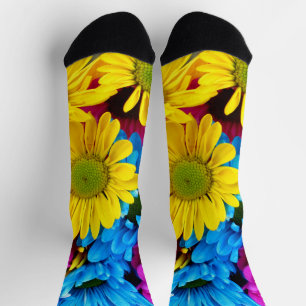 Colorful Flowers, Daisies - Blue Yellow Pink Sokken