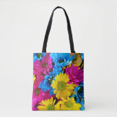Colorful Flowers, Daisies - Blue Yellow Pink Tote Bag (Voorkant)