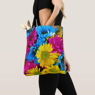 Colorful Flowers, Daisies - Blue Yellow Pink Tote Bag