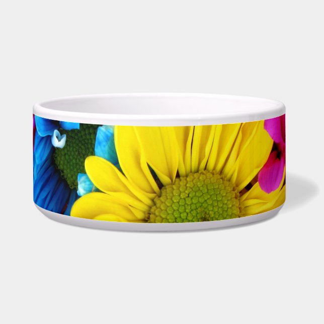 Colorful Flowers, Daisies - Blue Yellow Pink Voerbakje (Voorkant)