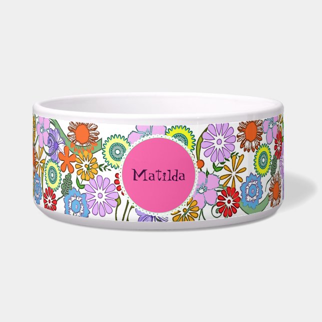 Colorful Flowers Dog Ceramic Bowl Voerbakje (Voorkant)