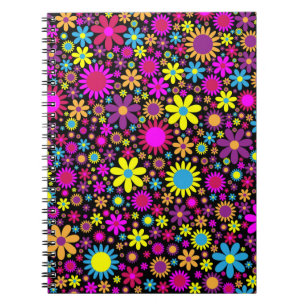 Colorful Flowers Floral Black Background Pattern Notitieboek