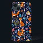 Colorful Flowers & Foxes Pattern iPhone 13 Hoesje<br><div class="desc">Colorful retro flowers cute birds and red foxes cartoon style on dark blue background color you can change</div>