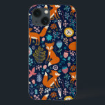 Colorful Flowers & Foxes Pattern iPhone 13 Hoesje<br><div class="desc">Colorful retro flowers cute birds and red foxes cartoon style on dark blue background color you can change</div>