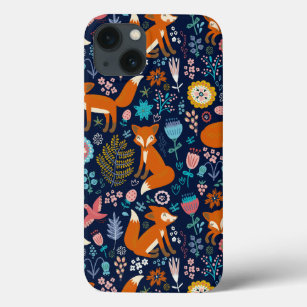 Colorful Flowers & Foxes Pattern iPhone 13 Hoesje
