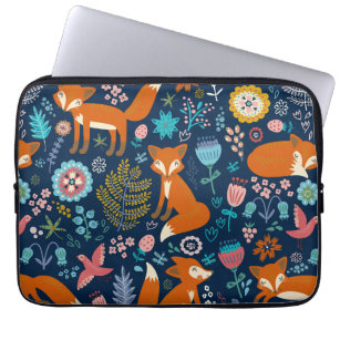 Colorful Flowers & Foxes Retro Pattern Laptop Sleeve