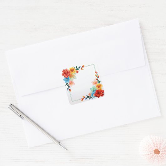 Colorful Flowers Frame Vierkante Sticker (Envelop)