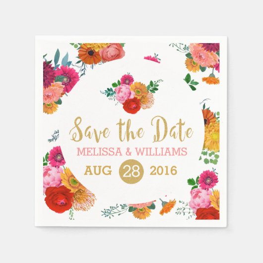 Colorful Flowers & Gold Glitter Save the Date Servetten (Voorkant)